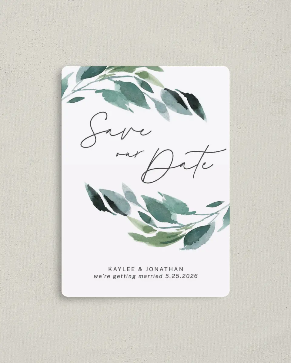 This is a 4" x 5½" Save the Date Magnet called Gorgeous Greens printed in full color with Rose Gold foil and a Luxe Satin finish