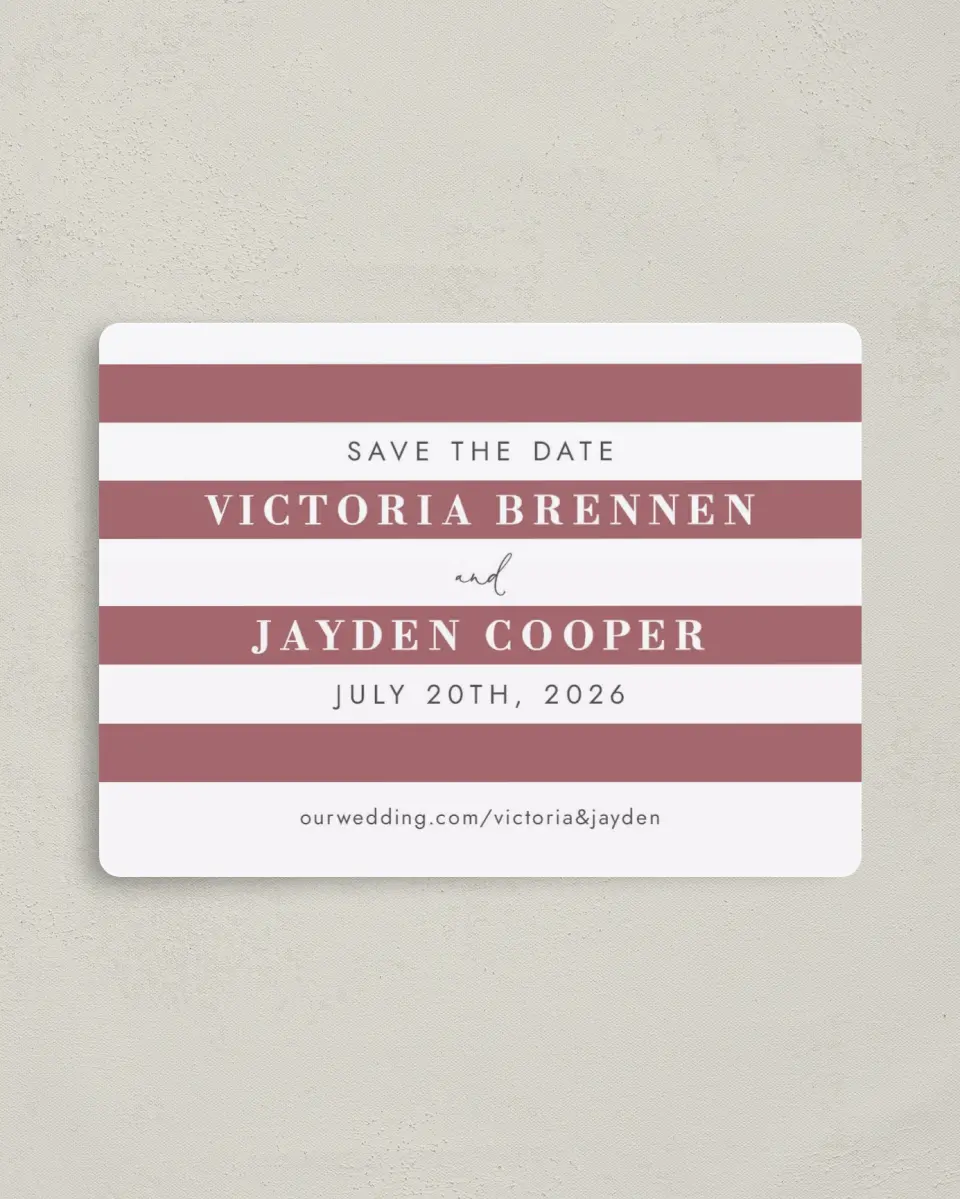 This is a 4" x 5½" Save the Date Magnet called Striped Savvy printed in full color with Rose Gold foil and a Luxe Satin finish