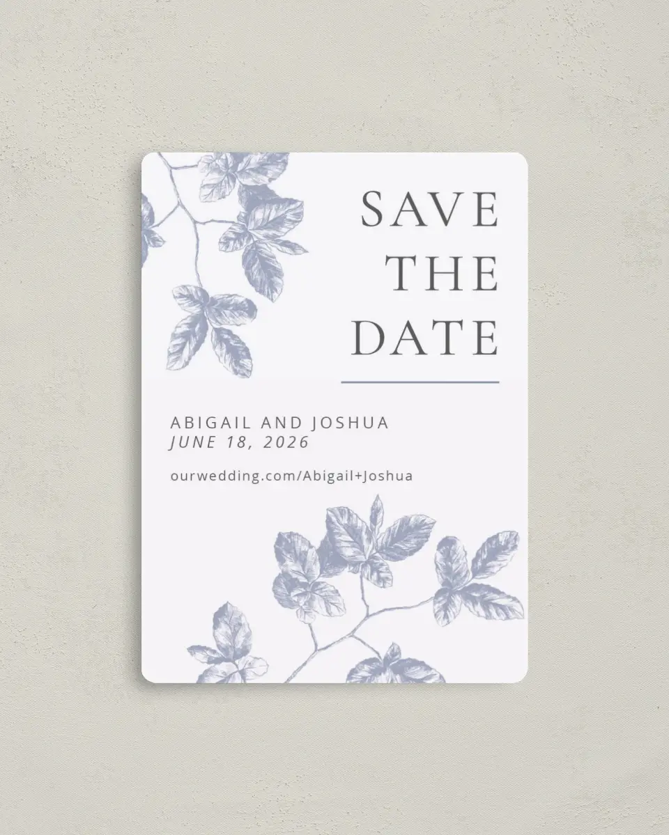 This is a 4" x 5½" Save the Date Magnet called Leafy Elegance printed in full color with a Luxe Satin finish