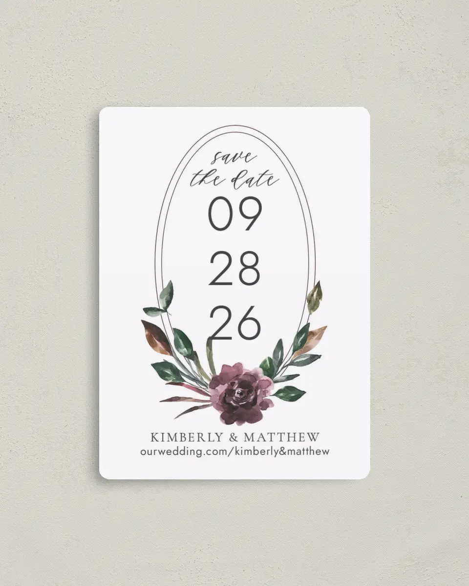This is a 4" x 5½" Save the Date Magnet called Hooped Allure printed in full color with Rose Gold foil and a Luxe Satin finish