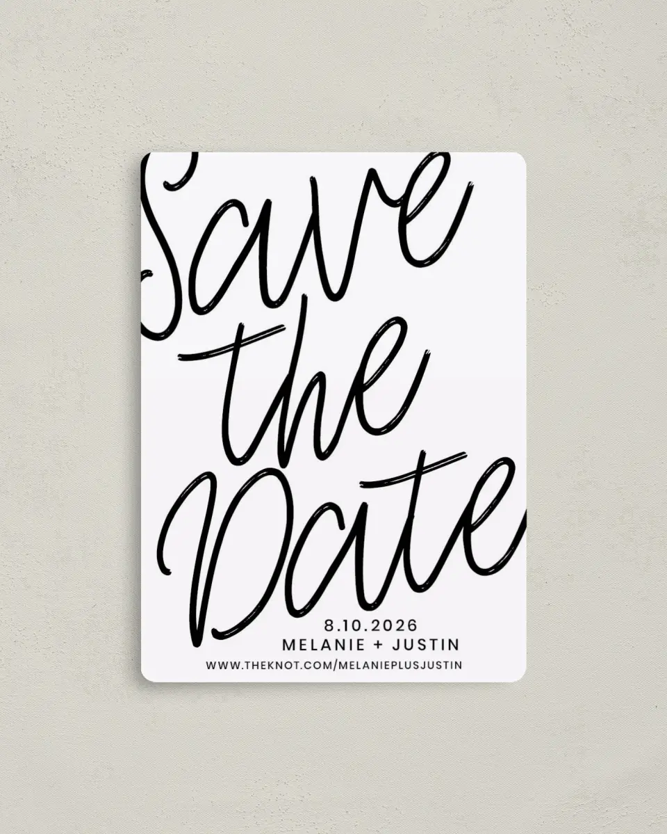 This is a 4" x 5½" Save the Date Magnet called Modern Mark printed in full color with Rose Gold foil and a Luxe Satin finish