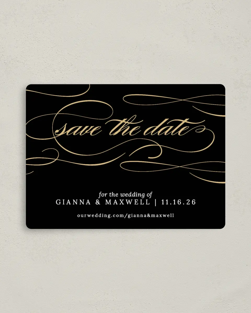 This is a 4" x 5½" Save the Date Magnet called Fabulous Flourish printed in full color with Rose Gold foil and a Luxe Satin finish