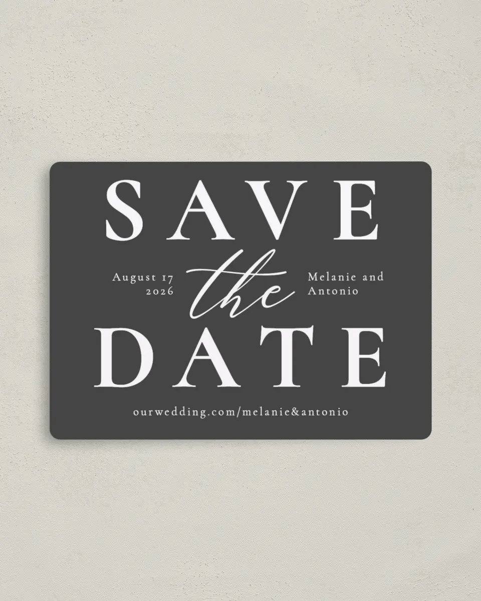 This is a 4" x 5½" Save the Date Magnet called Simply Put printed in full color with Rose Gold foil and a Luxe Satin finish