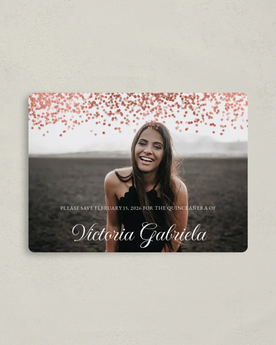 This is a 4" x 5½" Quinceanera Save the Date called Bronze Beauty printed in full color with Gold foil and a Luxe Satin finish