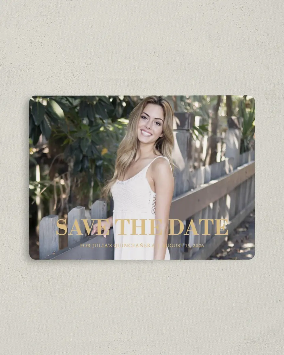 This is a 4" x 5½" Quinceanera Save the Date called Crowning Moment printed in full color with Gold foil and a Luxe Satin finish
