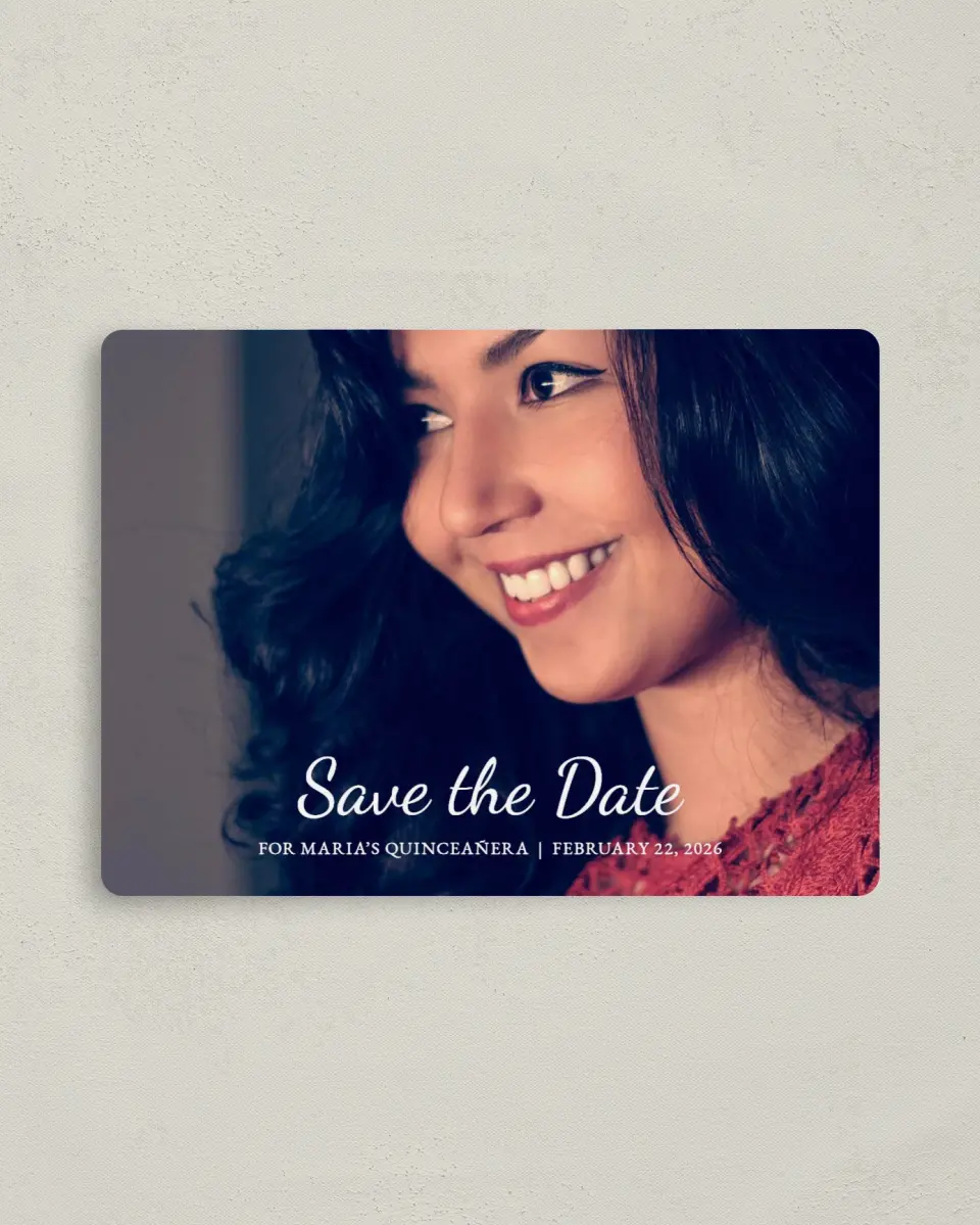 This is a 4" x 5½" Quinceanera Save the Date called Milestone Moments printed in full color with Gold foil and a Luxe Satin finish