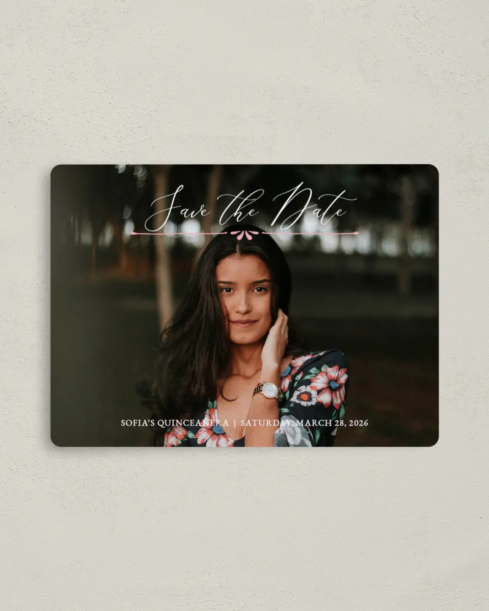 This is a 4" x 5½" Quinceanera Save the Date called Quince Beauty printed in full color with Gold foil and a Luxe Satin finish