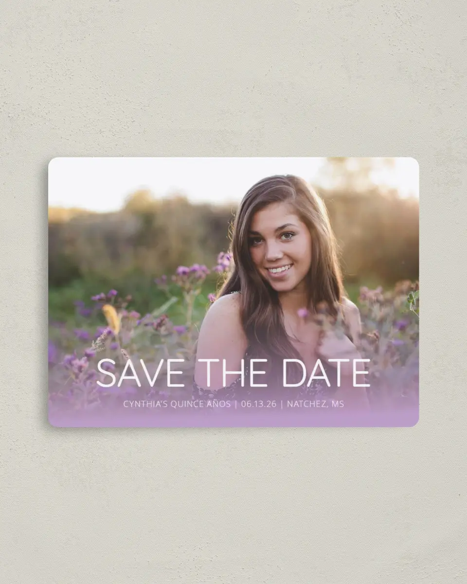 This is a 4" x 5½" Quinceanera Save the Date called Chevron Glitz printed in full color with Gold foil and a Luxe Satin finish