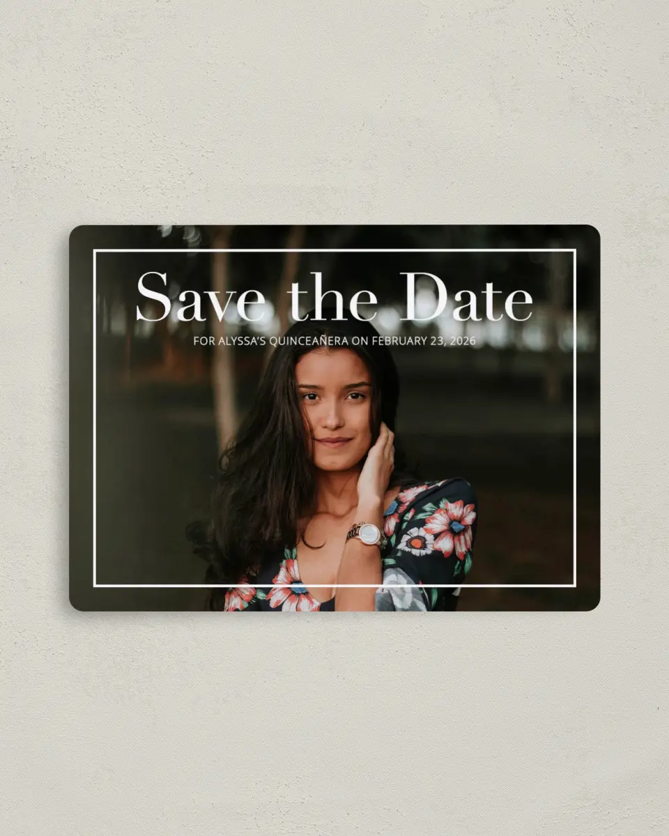 This is a 4" x 5½" Quinceanera Save the Date called Classic Quinceanera printed in full color with Gold foil and a Luxe Satin finish