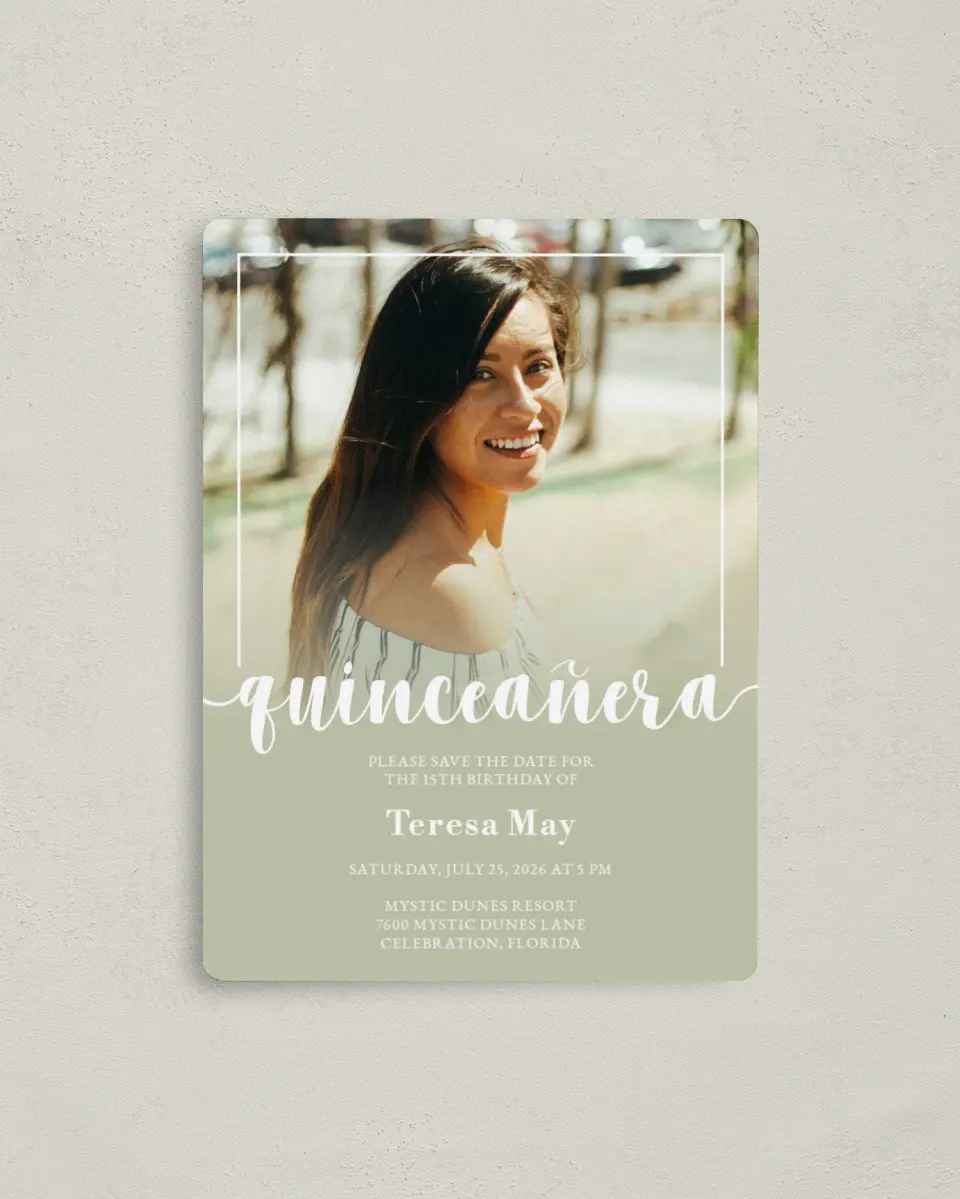 This is a 4" x 5½" Quinceanera Save the Date called Sweetly Framed printed in full color with Gold foil and a Luxe Satin finish