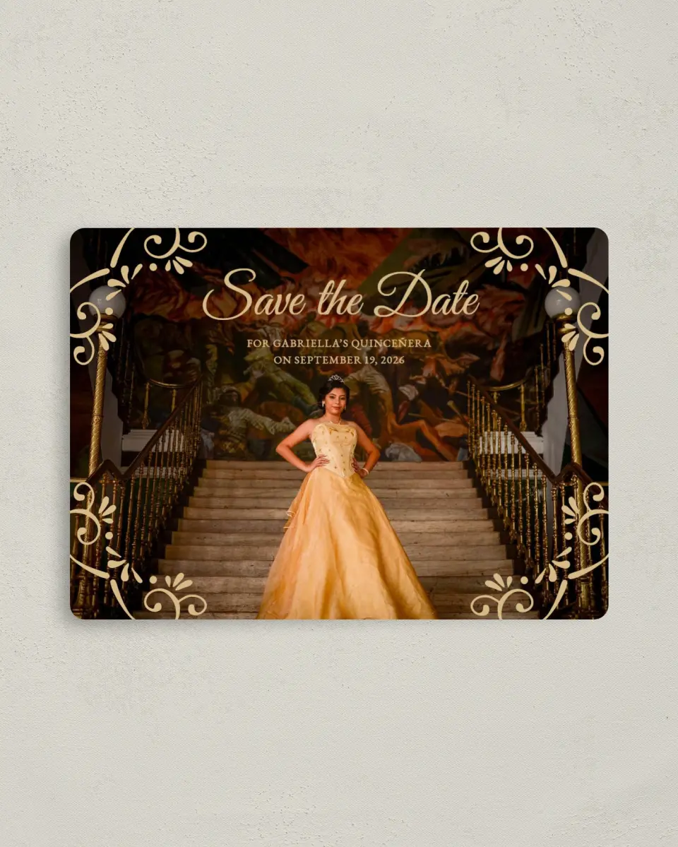 This is a 4" x 5½" Quinceanera Save the Date called Sparkling Dream printed in full color with Gold foil and a Luxe Satin finish