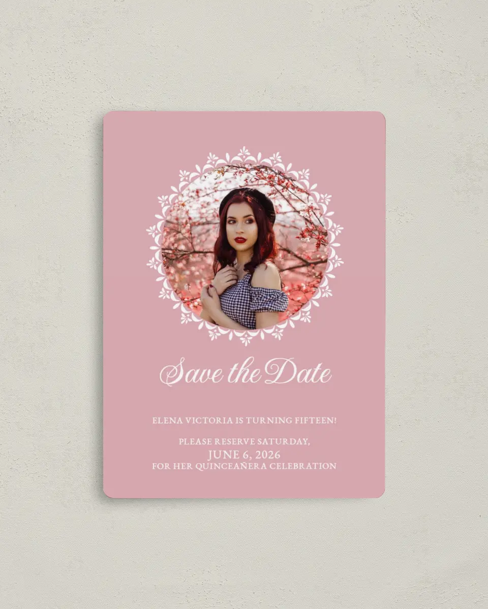 This is a 4" x 5½" Quinceanera Save the Date called Center of Attention printed in full color with Gold foil and a Luxe Satin finish