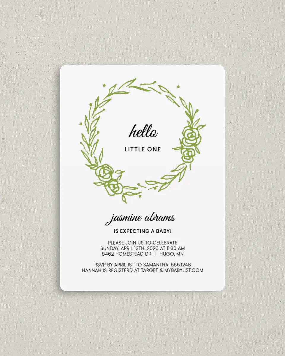 This is a 4" x 5½" Baby Shower Invitation Magnet called Nested Sprig printed in full color with a Luxe Satin finish