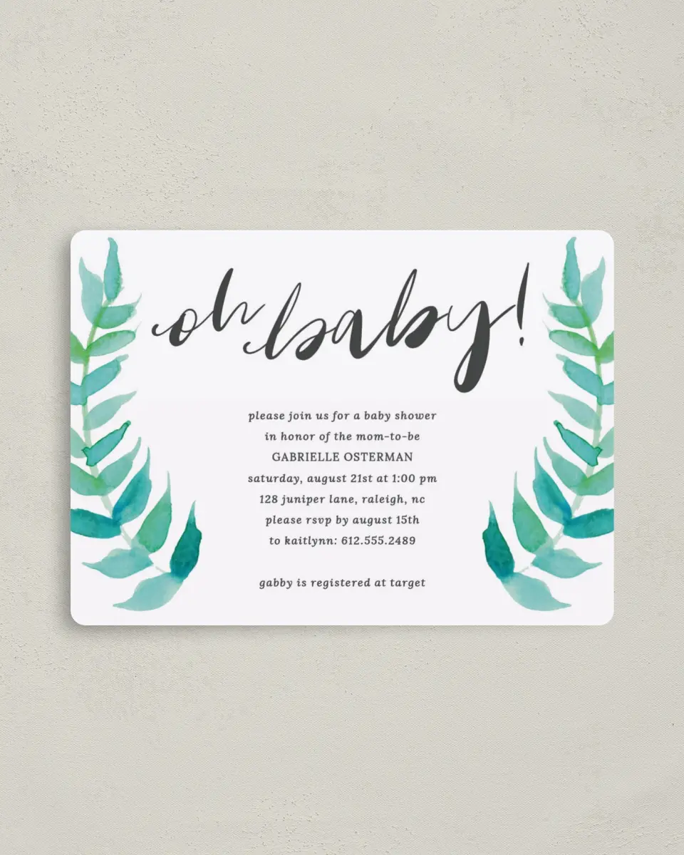 This is a 4" x 5½" Baby Shower Invitation Magnet called Baby Laurels printed in full color with a Luxe Satin finish