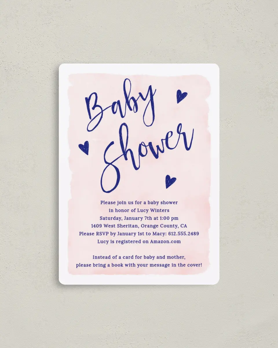 This is a 4" x 5½" Baby Shower Invitation Magnet called Doodle Hearts printed in full color with a Luxe Satin finish