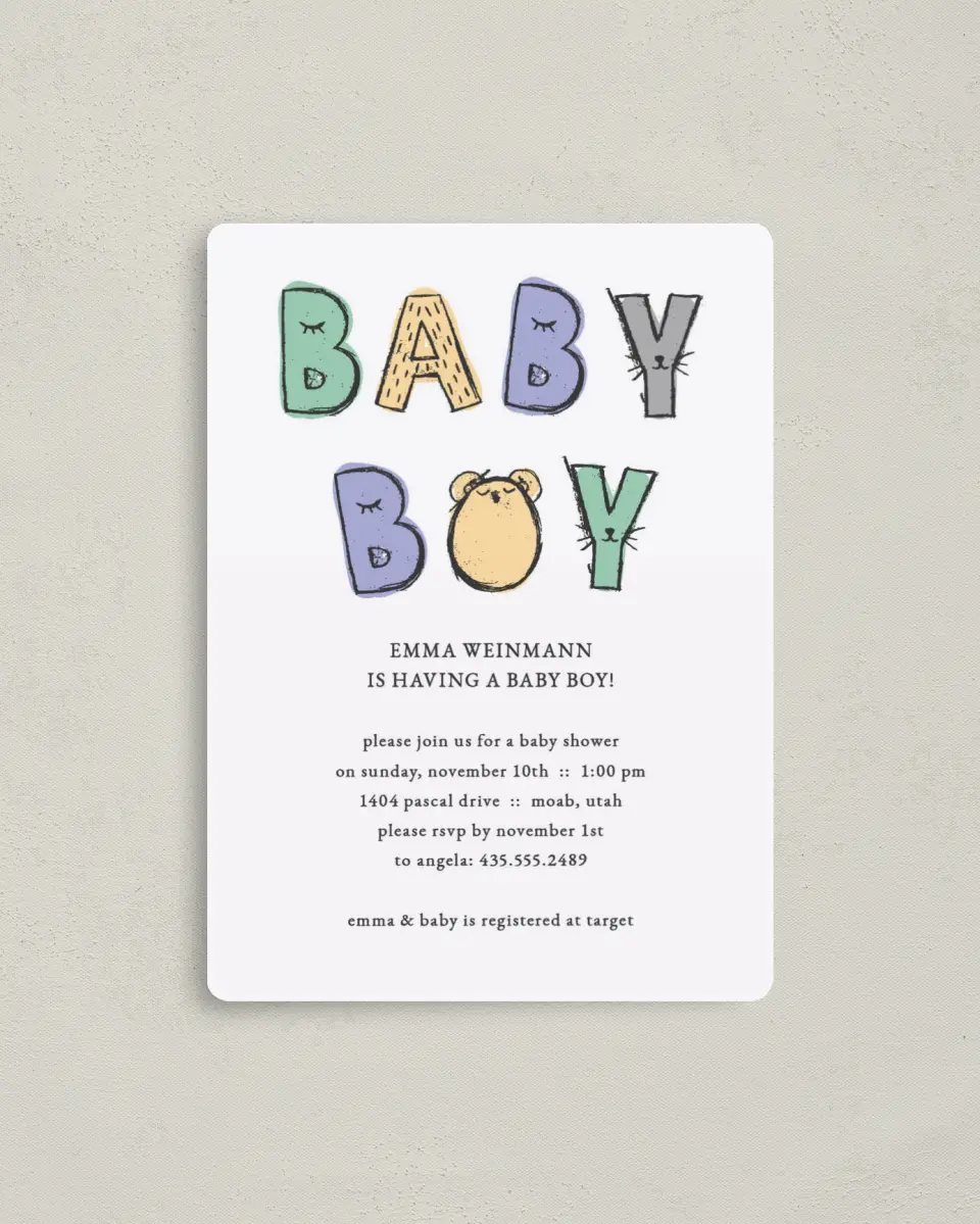 This is a 4" x 5½" Baby Shower Invitation Magnet called Buddy Baby Boy printed in full color with a Luxe Satin finish
