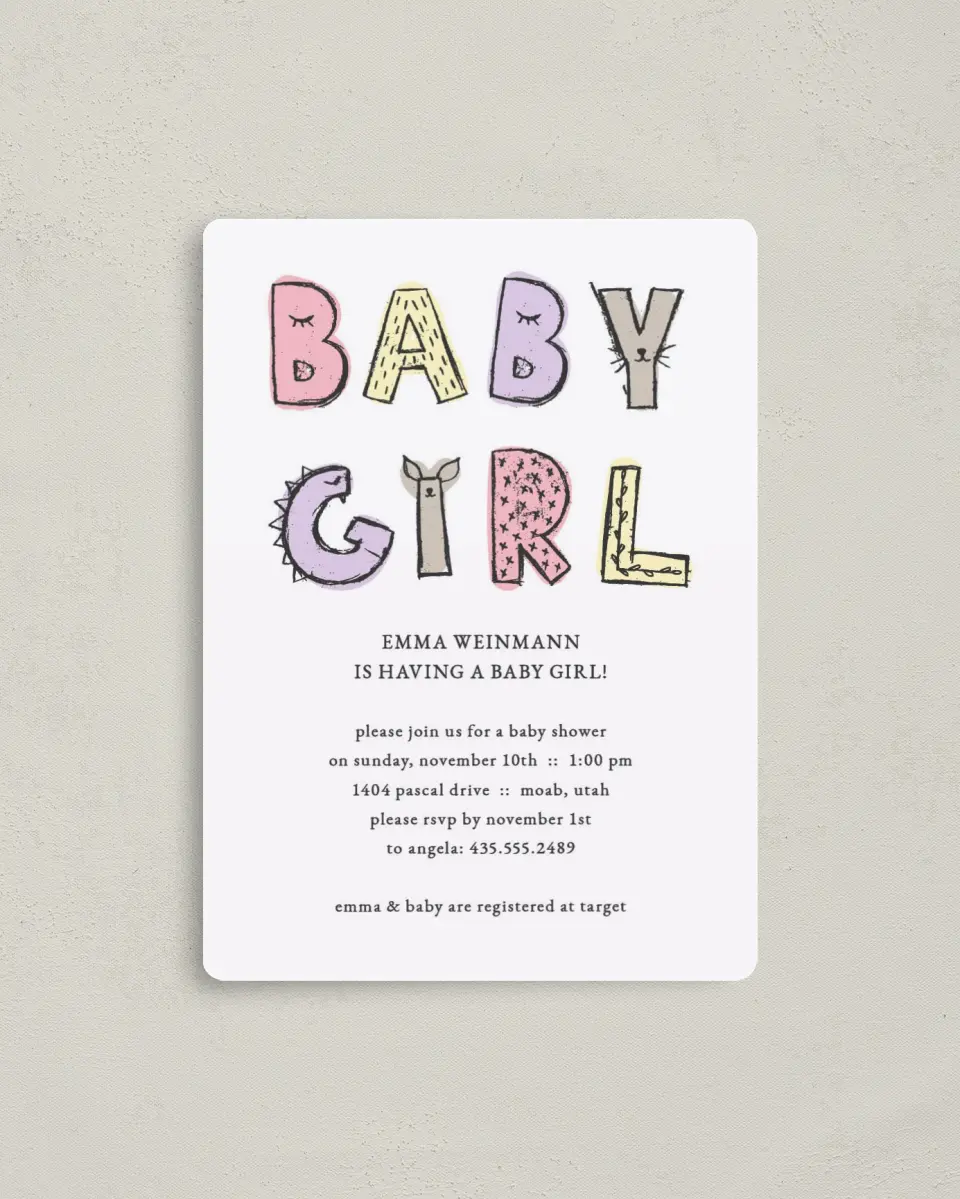 This is a 4" x 5½" Baby Shower Invitation Magnet called Baby Girl Soiree printed in full color with a Luxe Satin finish