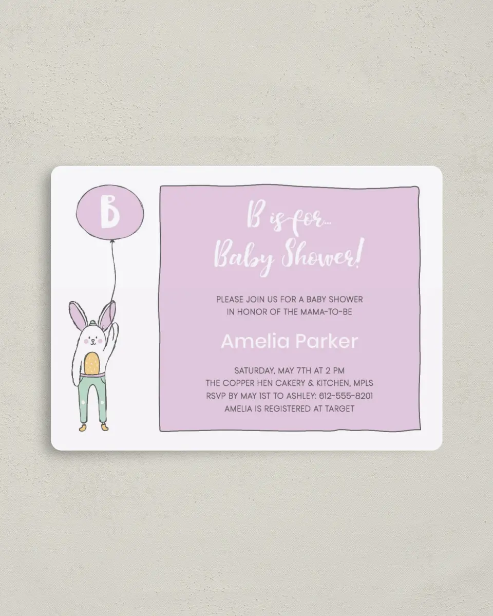 This is a 4" x 5½" Baby Shower Invitation Magnet called Bunny Balloon printed in full color with a Luxe Satin finish