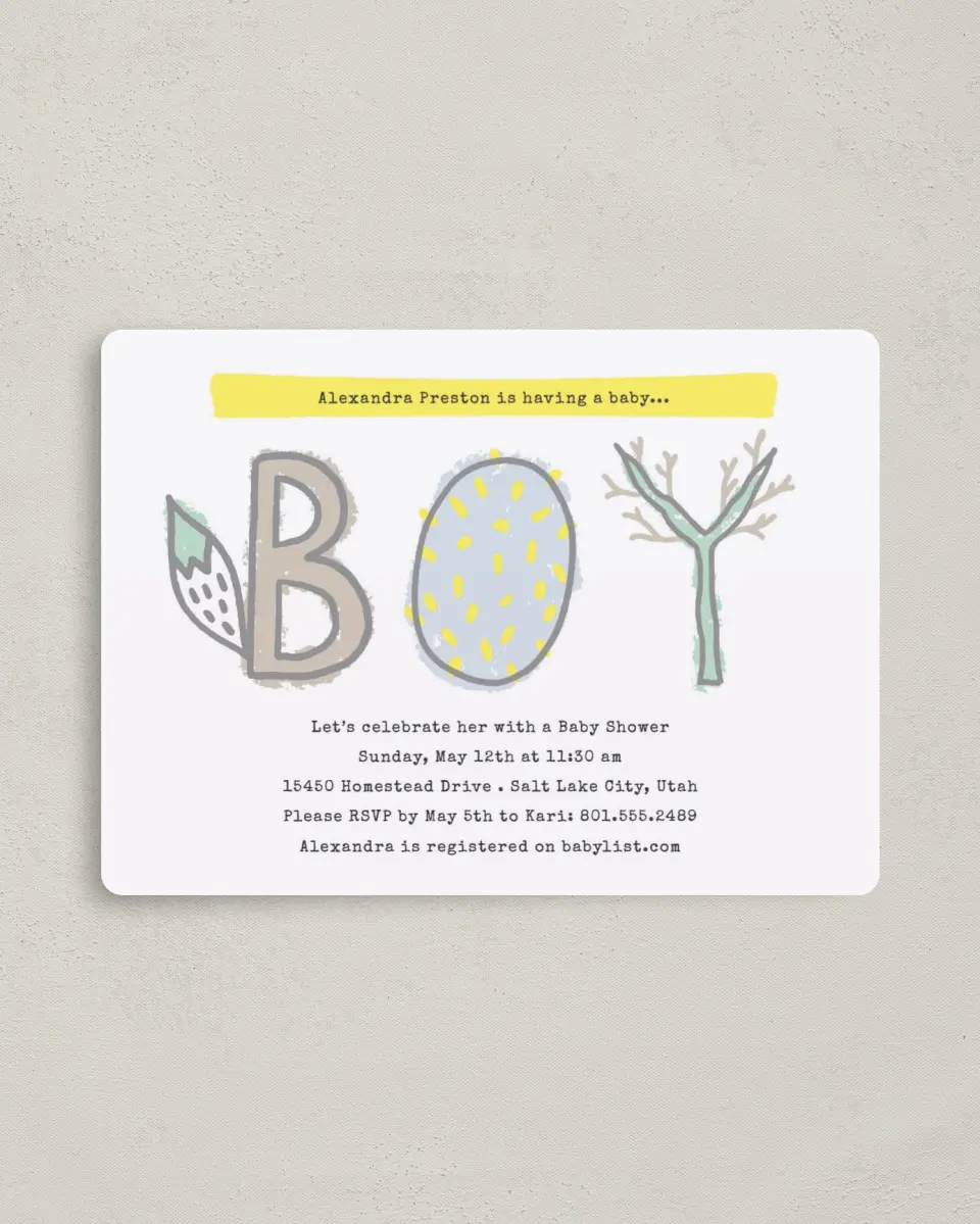 This is a 4" x 5½" Baby Shower Invitation Magnet called Whimsical Woods printed in full color with a Luxe Satin finish