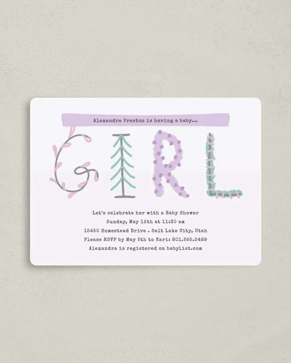 This is a 4" x 5½" Baby Shower Invitation Magnet called Woodland Whimsy printed in full color with a Luxe Satin finish