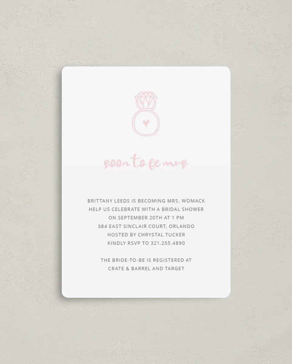 This is a 4" x 5½" Bridal Shower Invitation Magnet called Ringing Heart printed in full color with Silver foil and a Luxe Satin finish