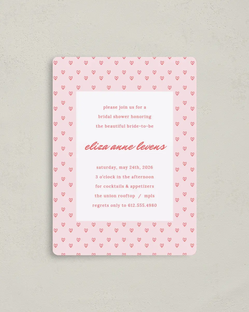 This is a 4" x 5½" Bridal Shower Invitation Magnet called Hearts Aplenty printed in full color with a Luxe Satin finish