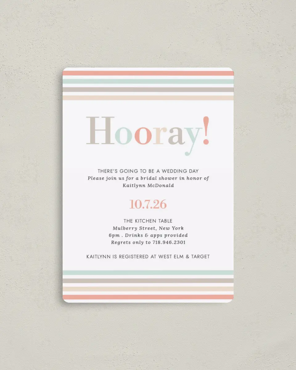 This is a 4" x 5½" Bridal Shower Invitation Magnet called Stripey Delight printed in full color with a Luxe Satin finish