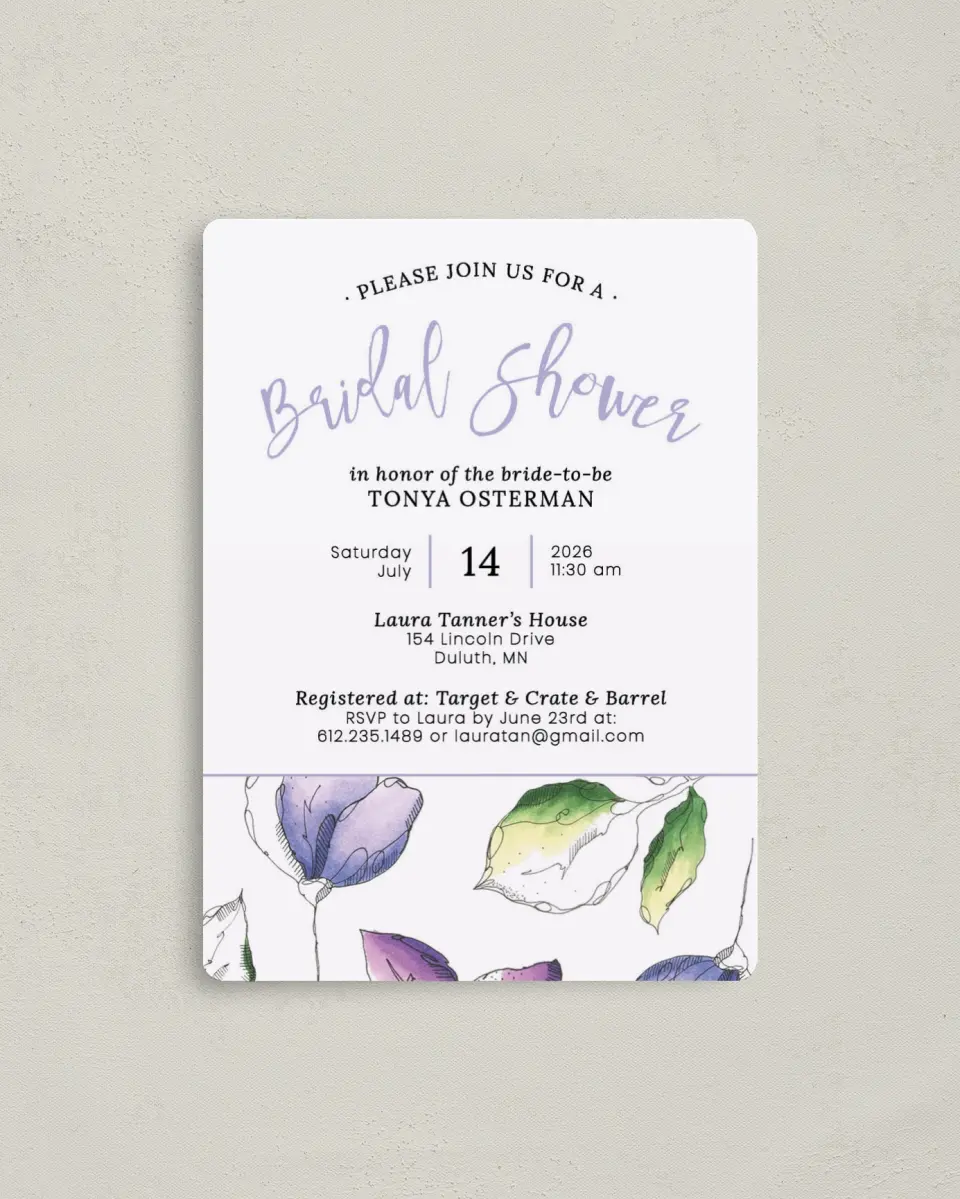 This is a 4" x 5½" Bridal Shower Invitation Magnet called Shower Flowers printed in full color with a Luxe Satin finish