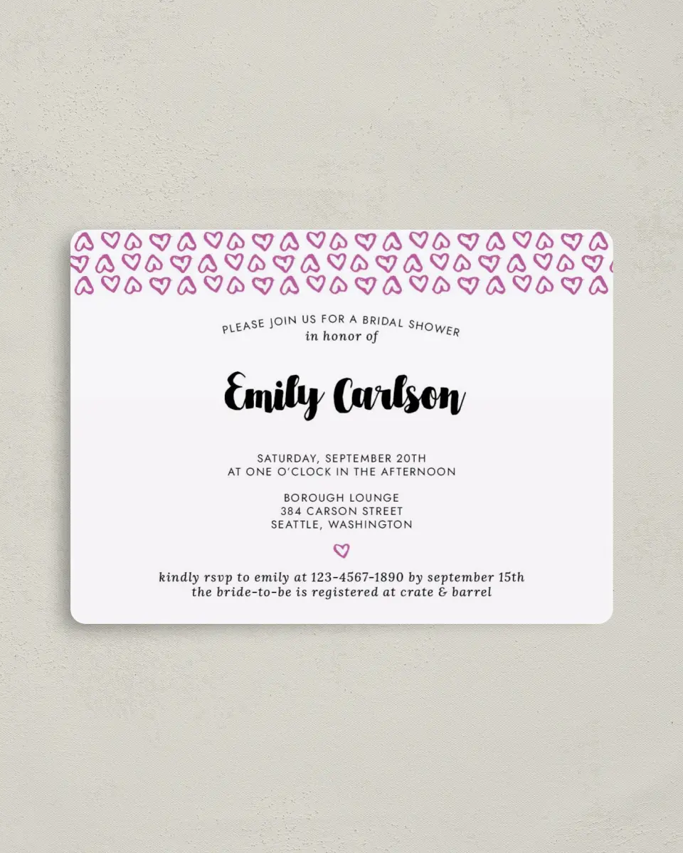 This is a 4" x 5½" Bridal Shower Invitation Magnet called Whimsy Hearts printed in full color with a Luxe Satin finish