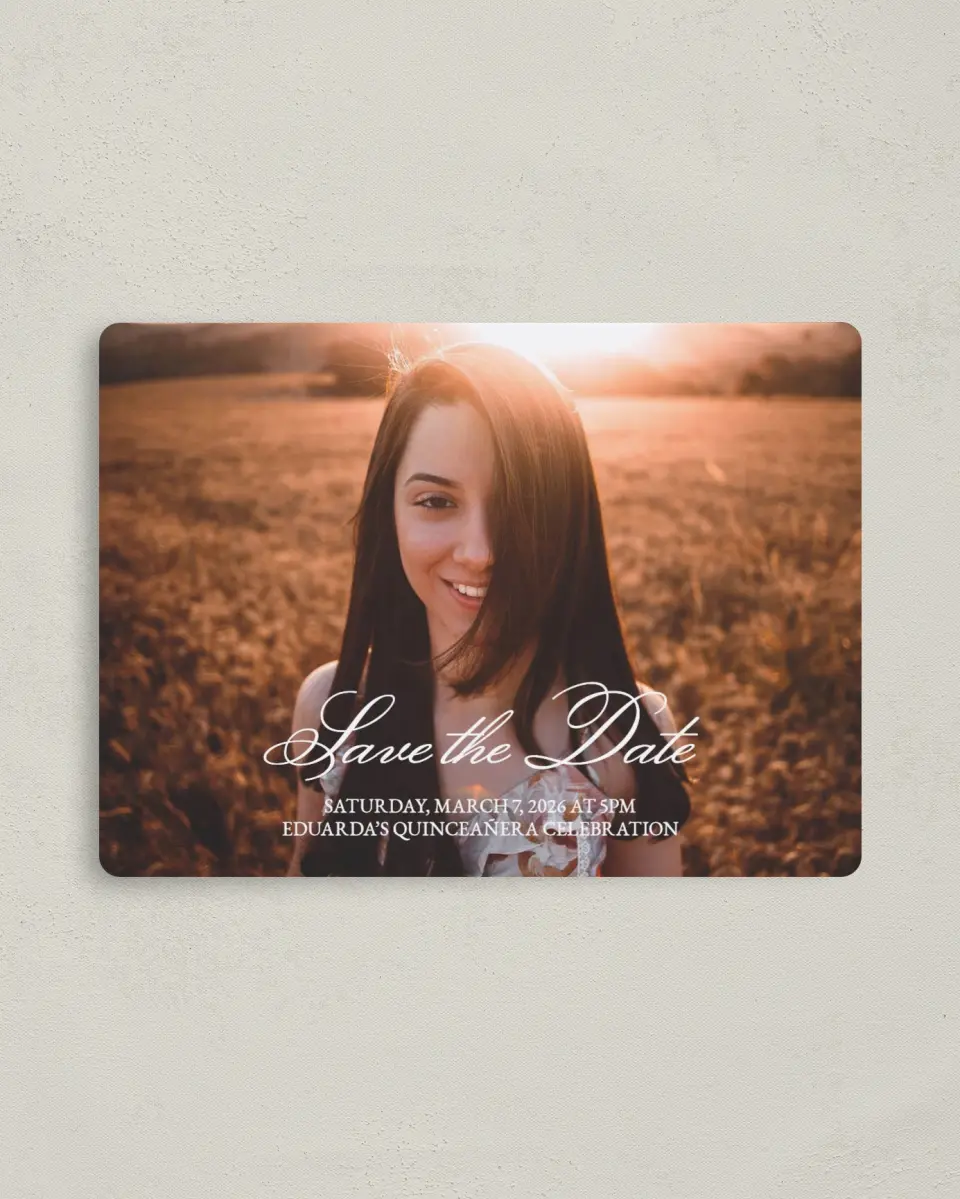 This is a 4" x 5½" Quinceanera Save the Date called Blissful Bouquet printed in full color with Gold foil and a Luxe Satin finish