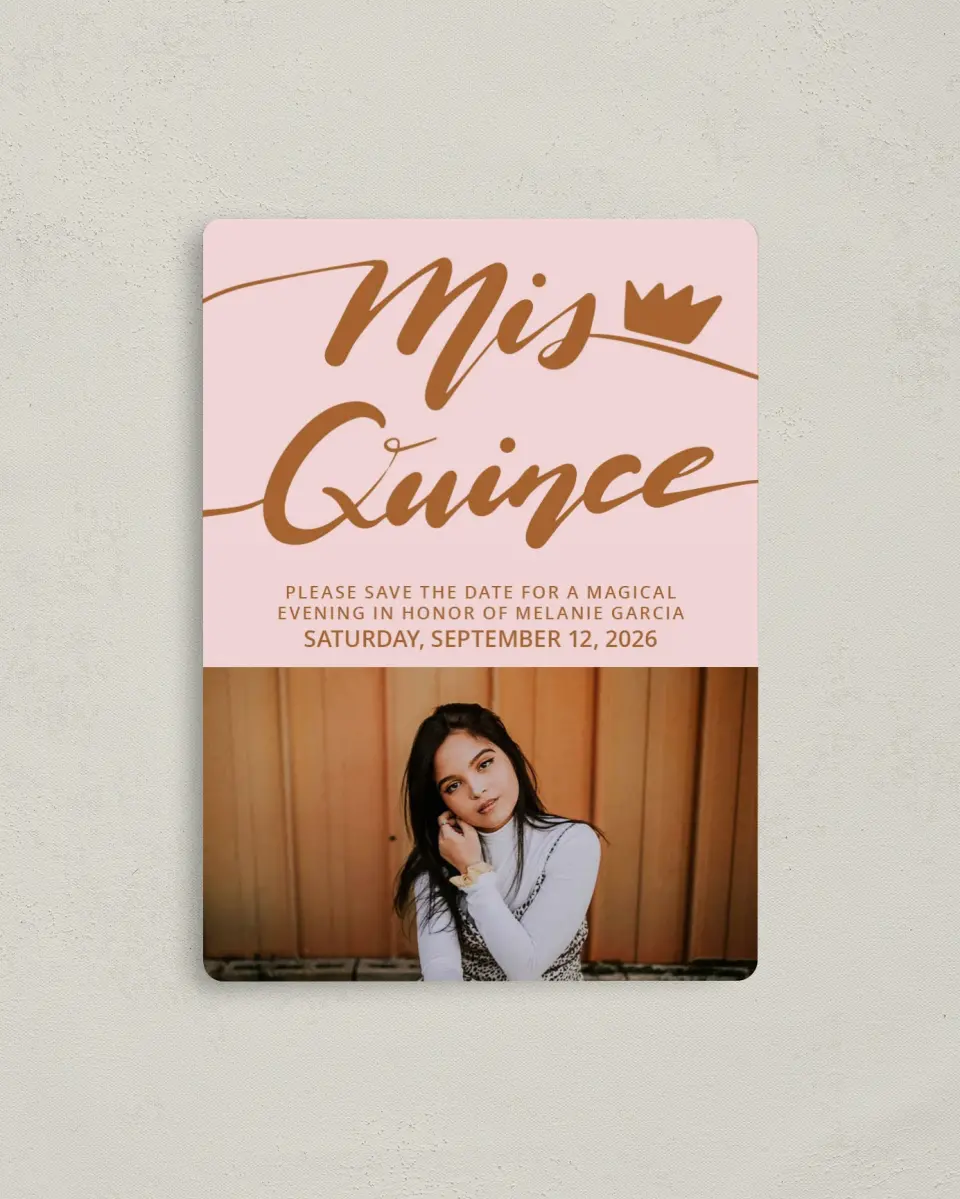This is a 4" x 5½" Quinceanera Save the Date called Magical Crown printed in full color with Gold foil and a Luxe Satin finish