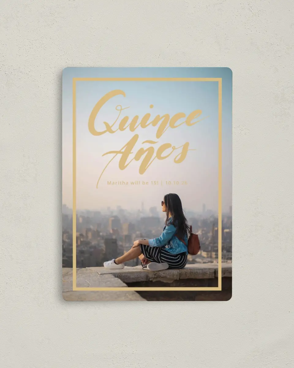 This is a 4" x 5½" Quinceanera Save the Date called Daringly Bold printed in full color with Gold foil and a Luxe Satin finish