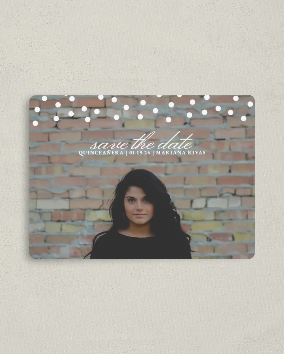 This is a 4" x 5½" Quinceanera Save the Date called Dramatic Debut printed in full color with Gold foil and a Luxe Satin finish