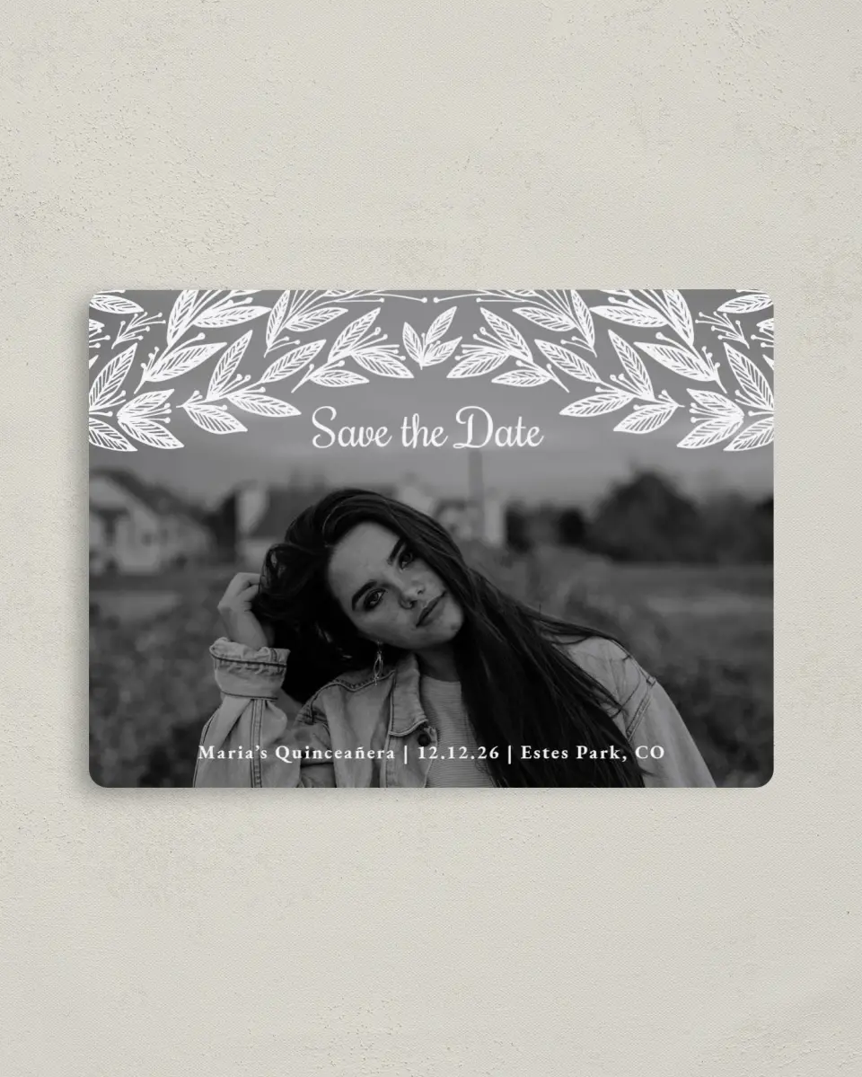 This is a 4" x 5½" Quinceanera Save the Date called Splash of Sprigs printed in full color with Gold foil and a Luxe Satin finish