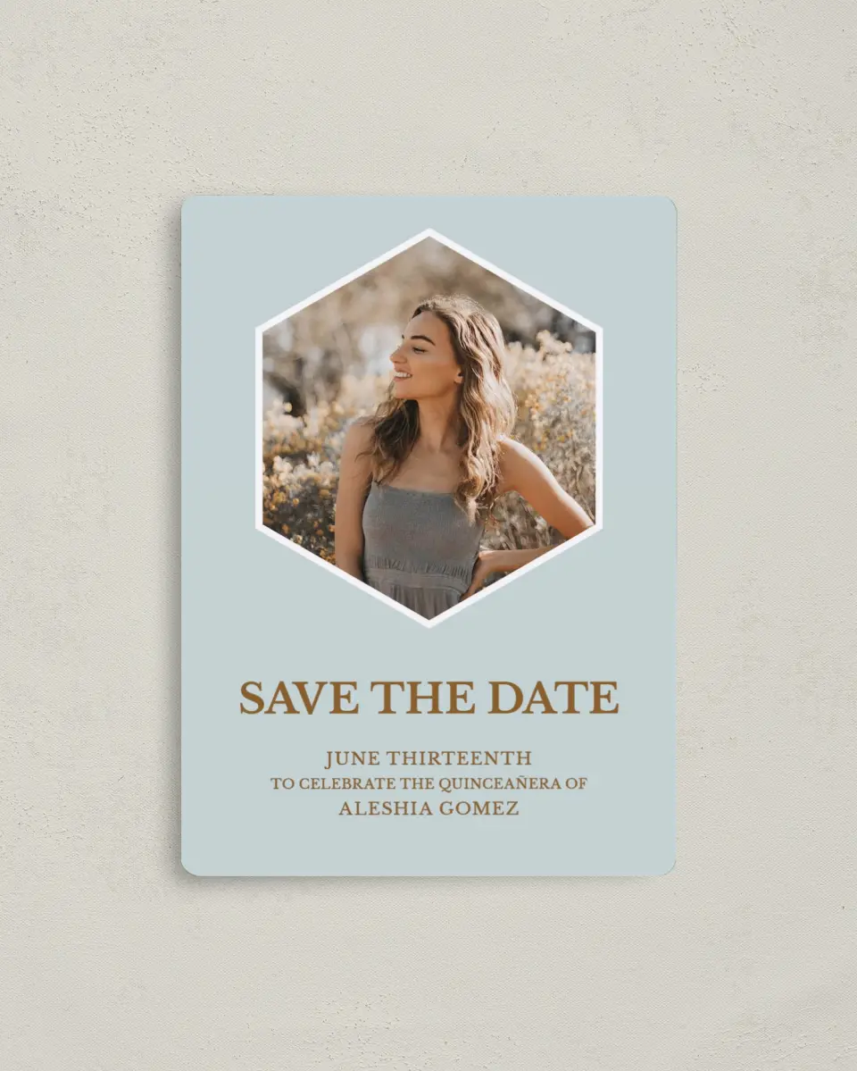 This is a 4" x 5½" Quinceanera Save the Date called Swashed Sophisticate printed in full color with Gold foil and a Luxe Satin finish