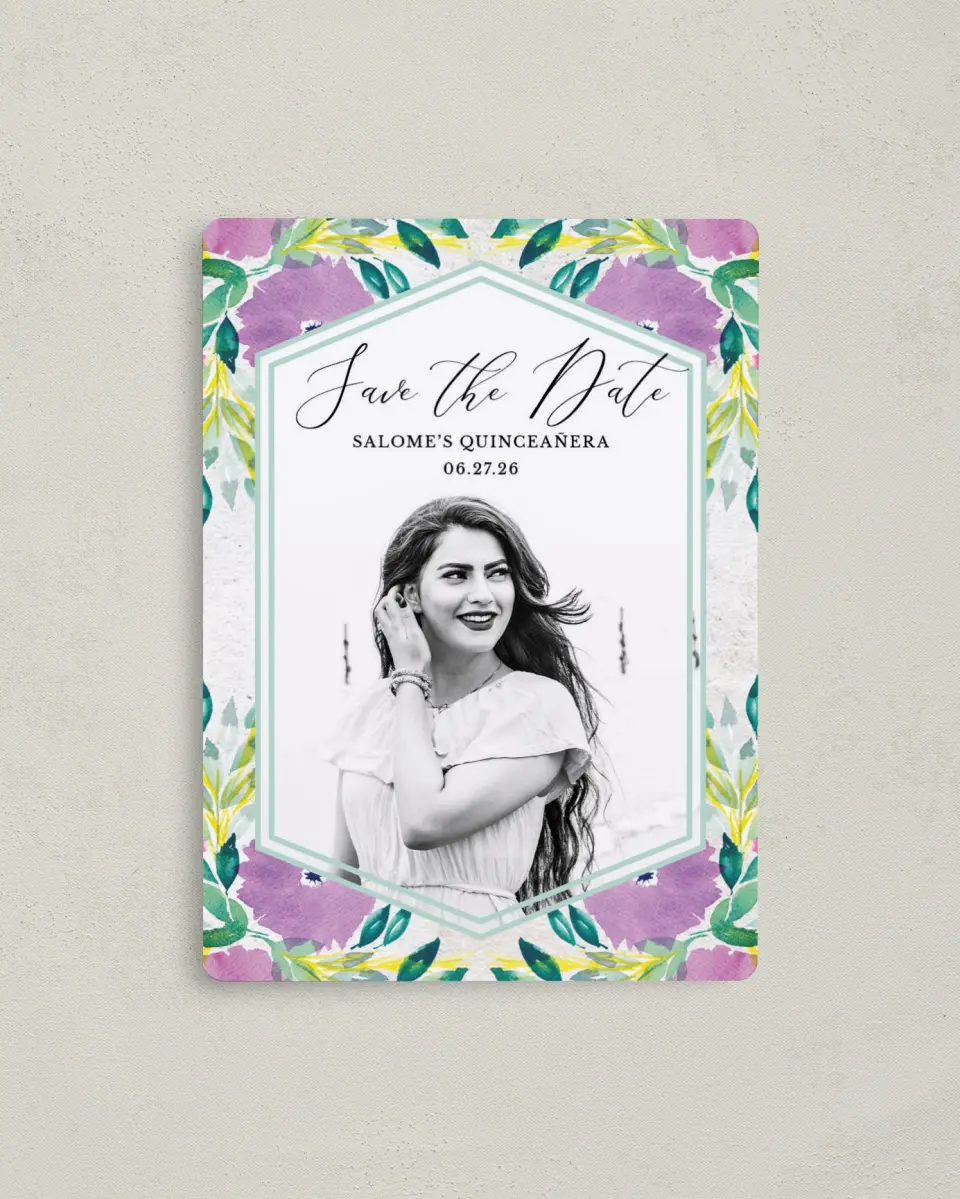 This is a 4" x 5½" Quinceanera Save the Date called Watercolor Wow printed in full color with Gold foil and a Luxe Satin finish