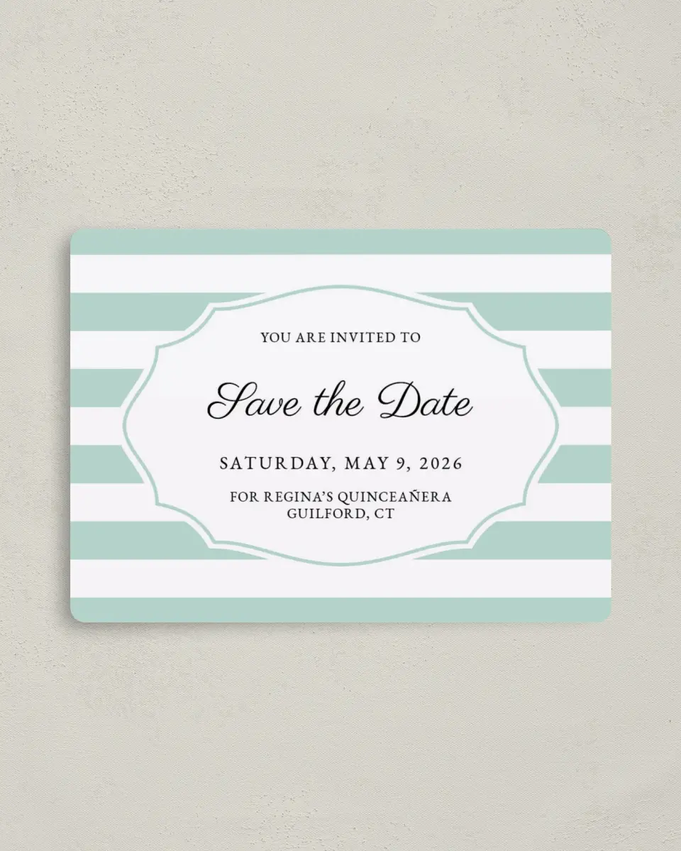 This is a 4" x 5½" Quinceanera Save the Date called Stripe Devotion printed in full color with Gold foil and a Luxe Satin finish