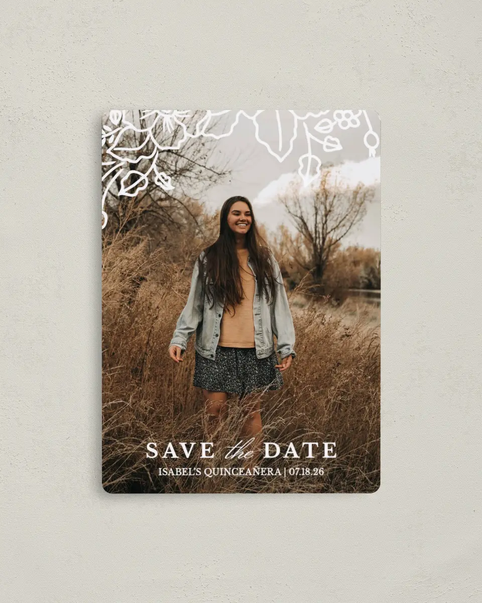 This is a 4" x 5½" Quinceanera Save the Date called Etched printed in full color with Gold foil and a Luxe Satin finish