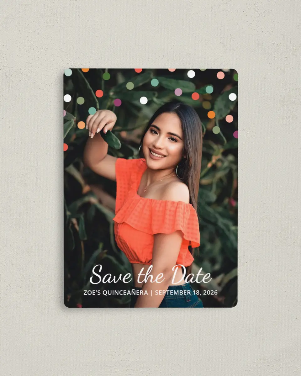 This is a 4" x 5½" Quinceanera Save the Date called Radiant Dots printed in full color with Gold foil and a Luxe Satin finish