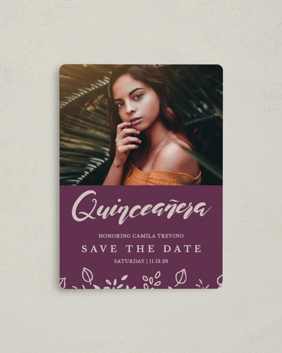 This is a 4" x 5½" Quinceanera Save the Date called Flora Flourish printed in full color with Gold foil and a Luxe Satin finish