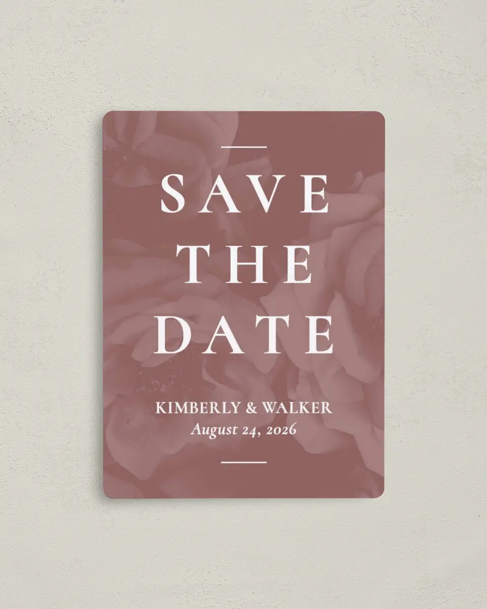 This is a 4" x 5½" Save the Date Magnet called Blushing Beauty printed in full color with a Luxe Satin finish