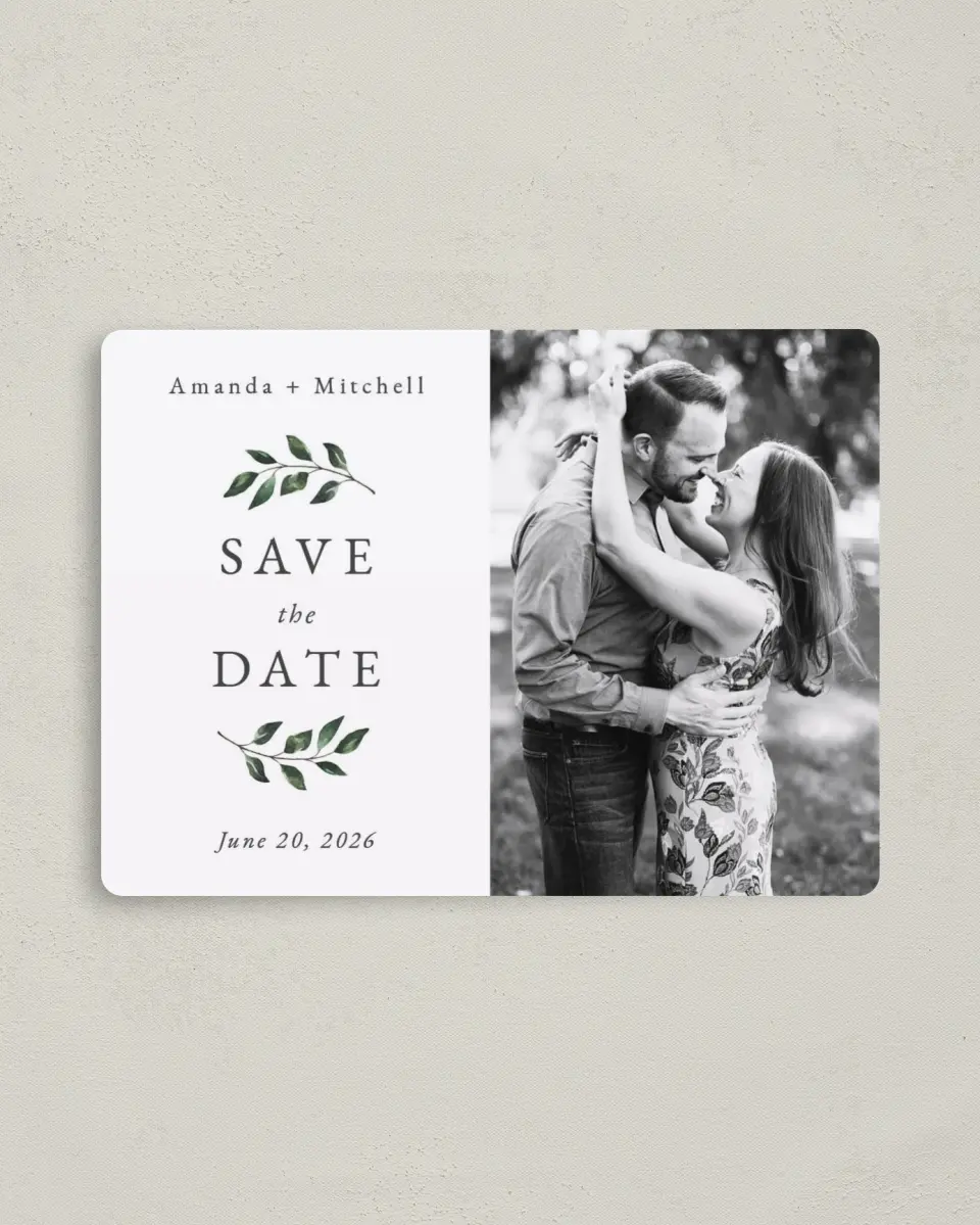 This is a 4" x 5½" Save the Date Magnet called Sprinkled Sprig printed in full color with a Luxe Satin finish