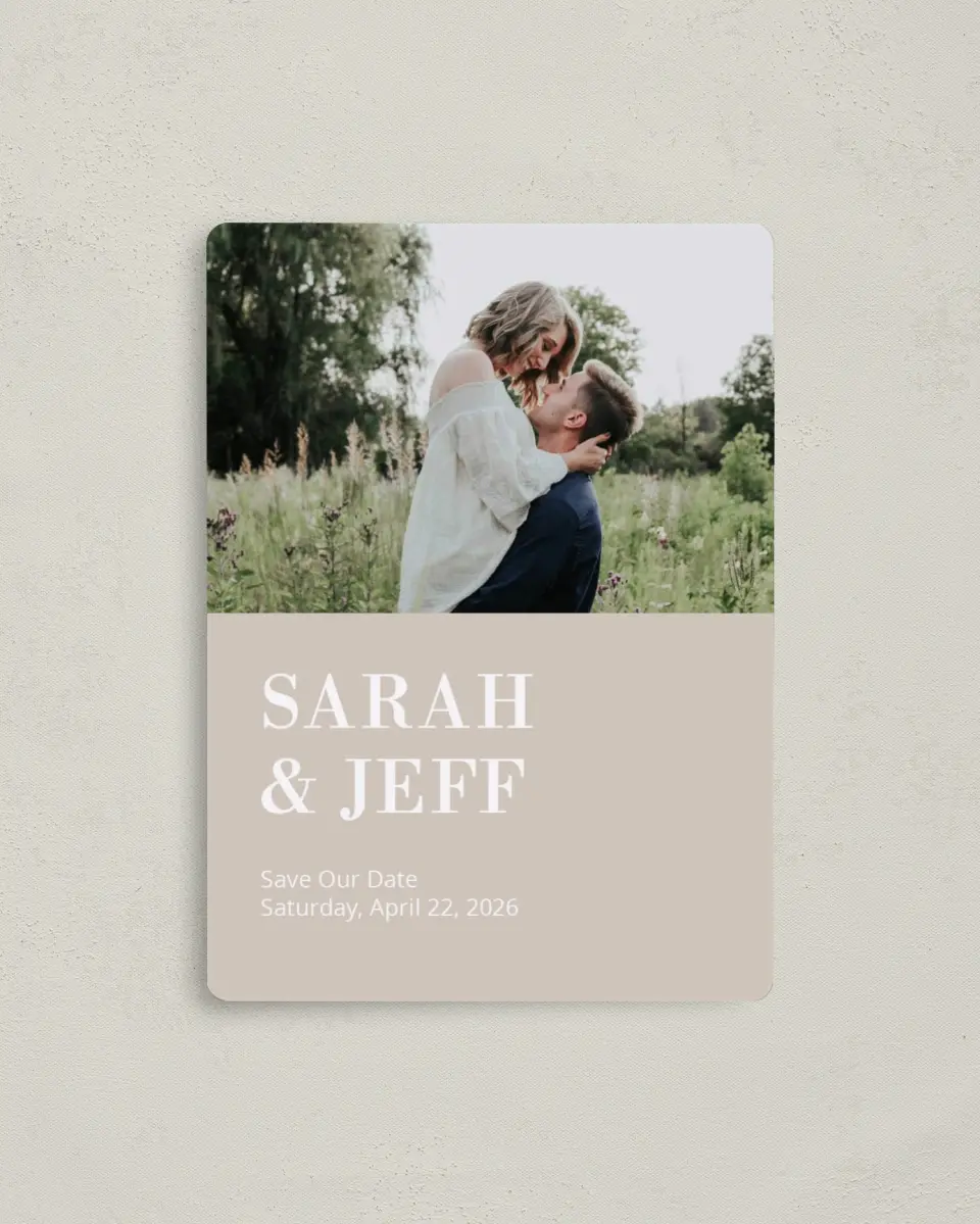 This is a 4" x 5½" Save the Date Magnet called Antique Hydrangea printed in full color with a Luxe Satin finish