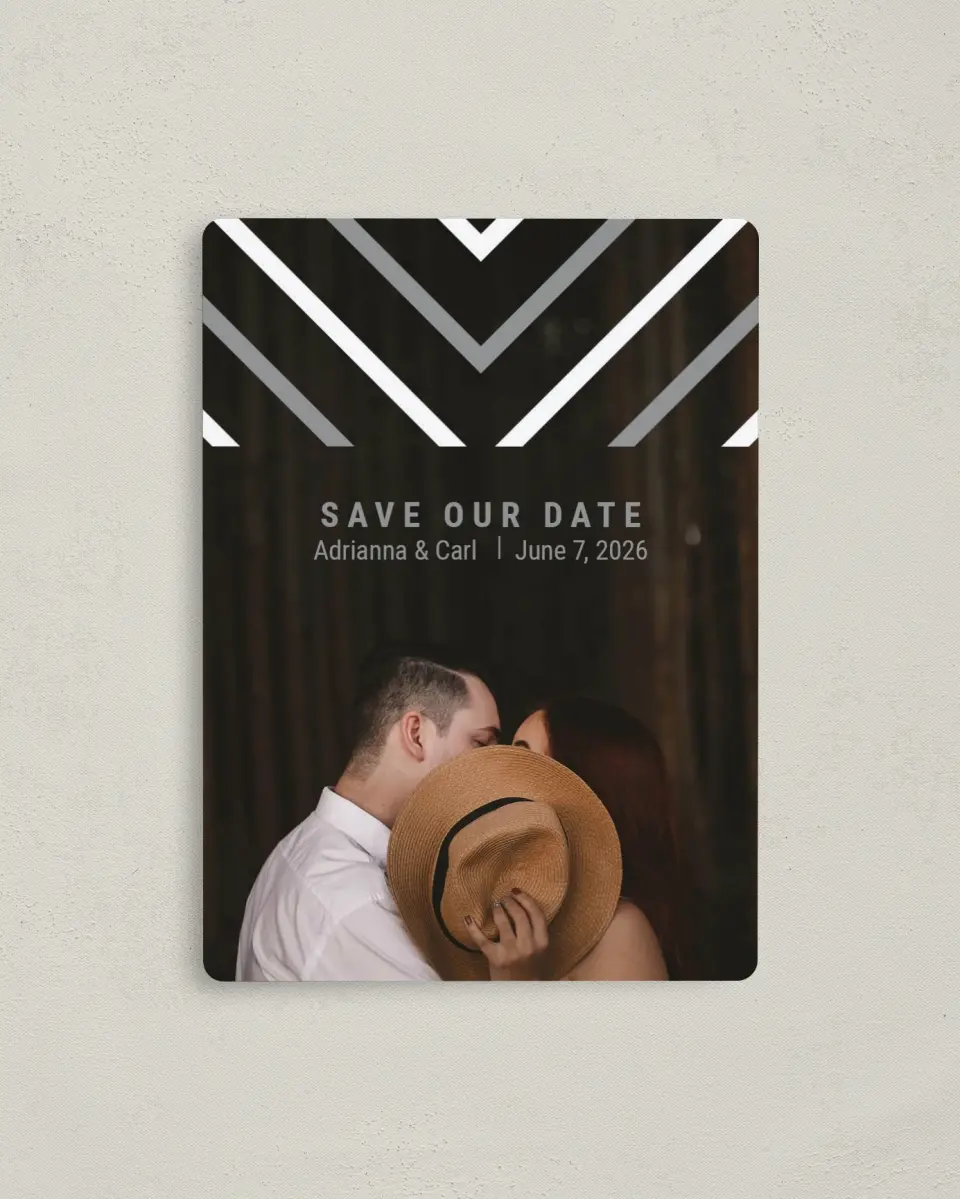 This is a 4" x 5½" Save the Date Magnet called Posh Chevron printed in full color with a Luxe Satin finish