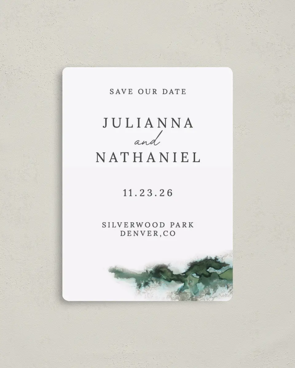 This is a 4" x 5½" Save the Date Magnet called Ethereal Pool printed in full color with Silver foil and a Luxe Satin finish