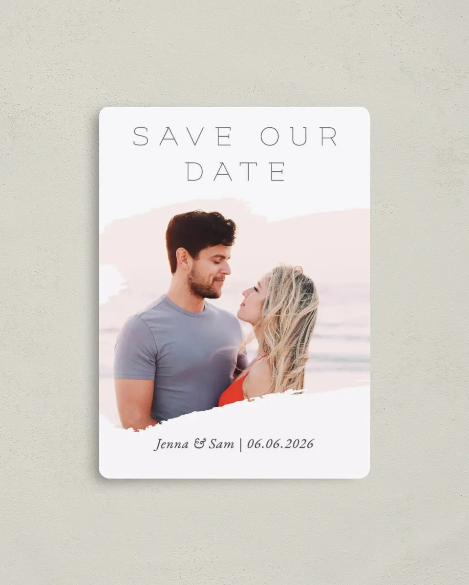 This is a 4" x 5½" Save the Date Magnet called Bold Brushstrokes printed in full color with a Luxe Satin finish