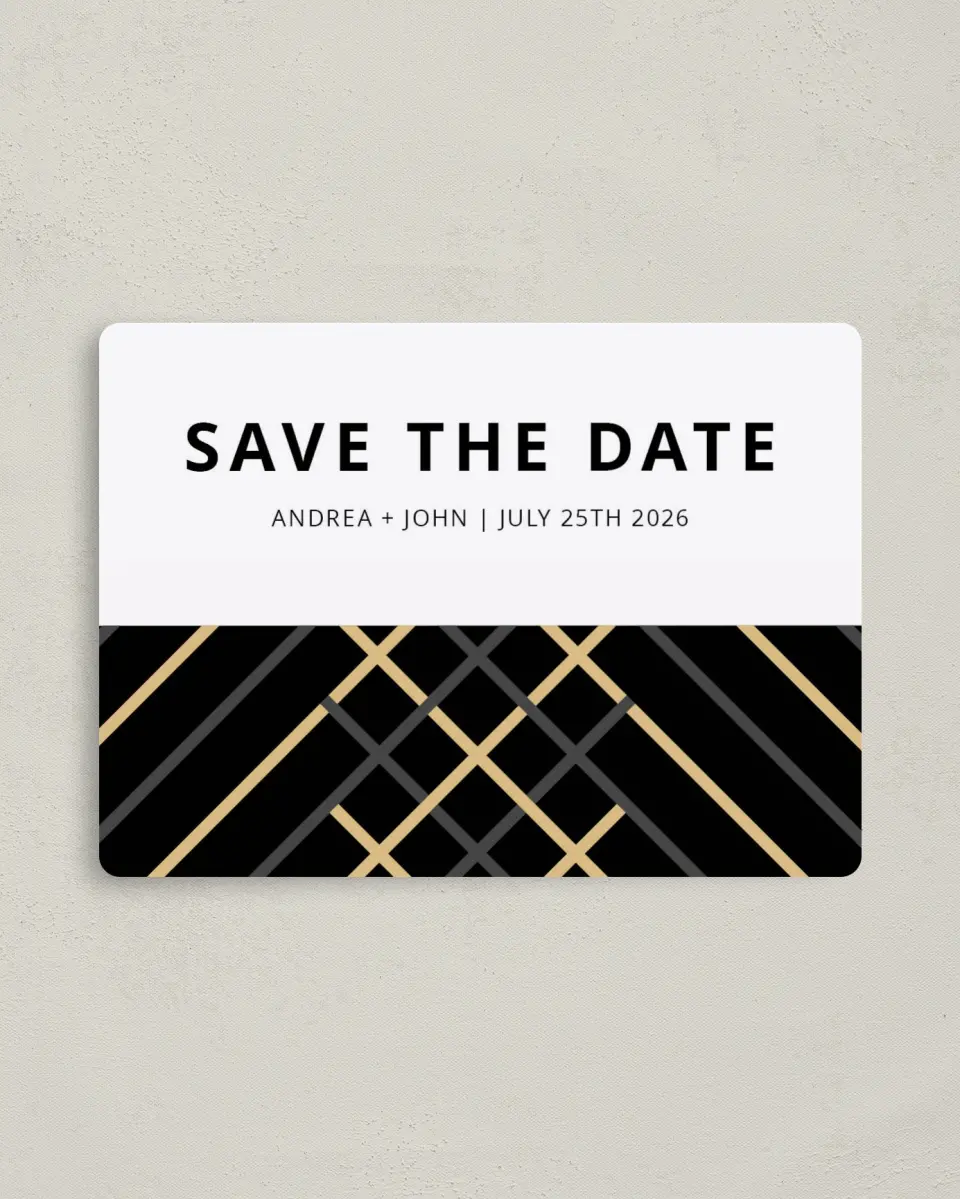 This is a 4" x 5½" Save the Date Magnet called Grandeur Shine printed in full color with a Luxe Satin finish