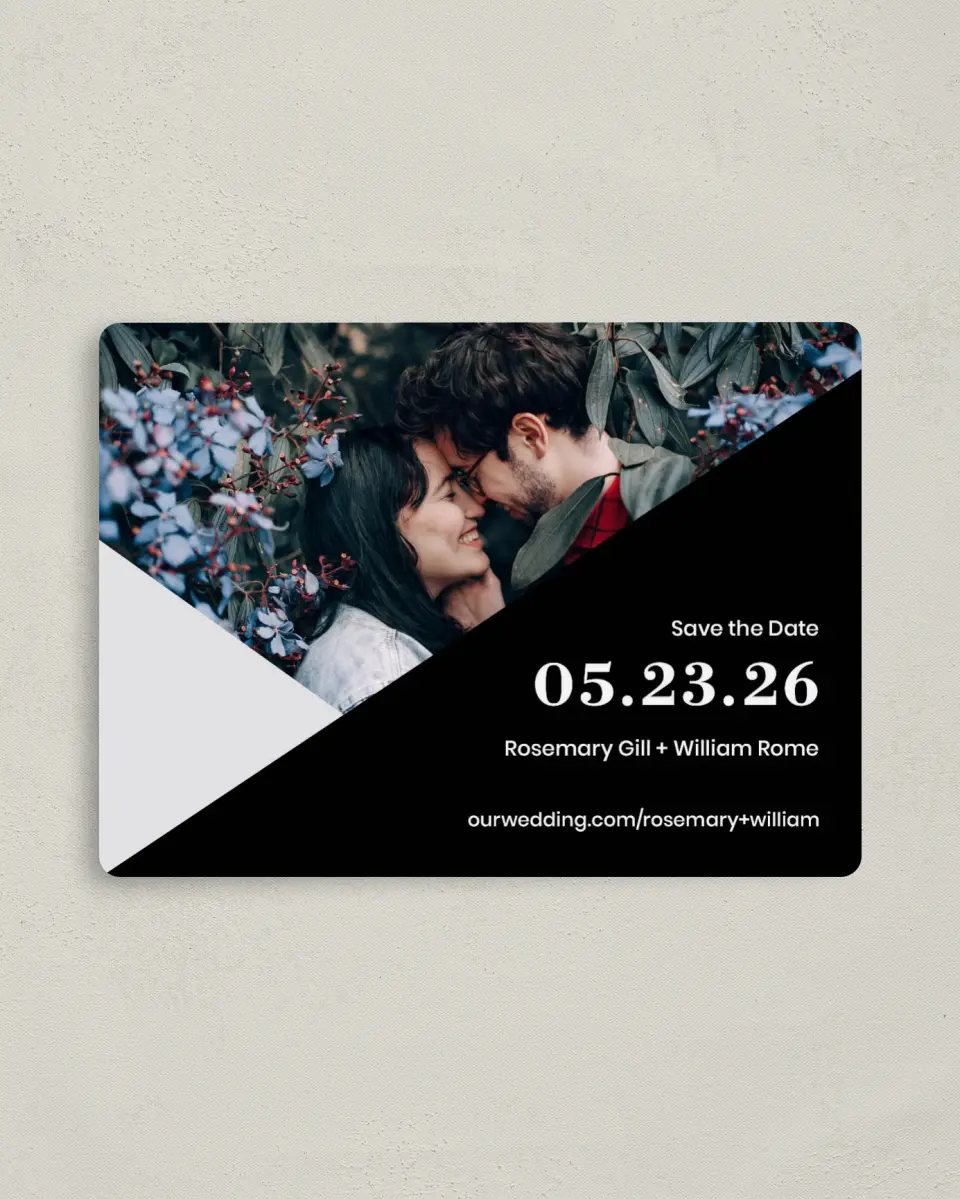 This is a 4" x 5½" Save the Date Magnet called Luster Opulence printed in full color with a Luxe Satin finish