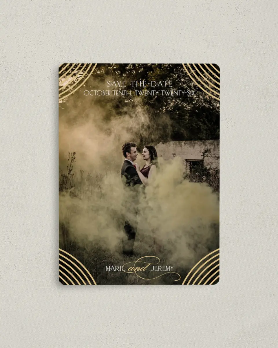 This is a 4" x 5½" Save the Date Magnet called Spectacular Romance printed in full color with a Luxe Satin finish