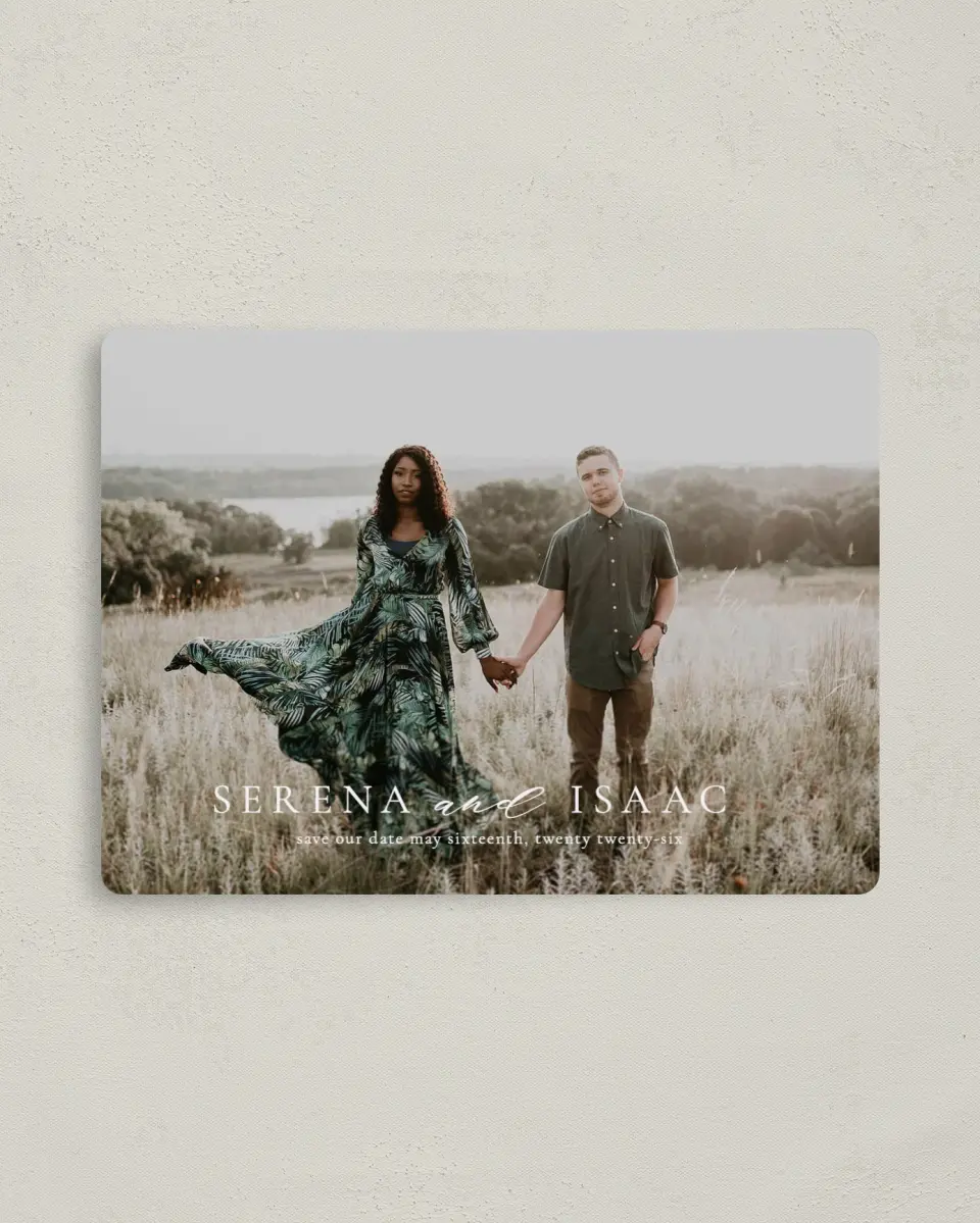 This is a 4" x 5½" Save the Date Magnet called Antique Splendor printed in full color with a Luxe Satin finish